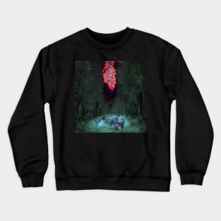 Digital collage and special processing. Mystic forest. Night, sky, stars. Light green and red. Crewneck Sweatshirt